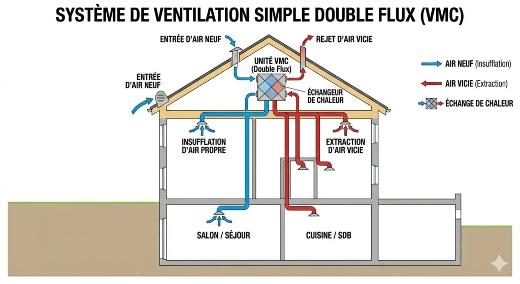 image système de ventilation double flux- installateur vmc autour de Machecoul, La Chevrolière, St Aignan, St Mars de coutais, St Philbert, St Lumine, Bouaye...